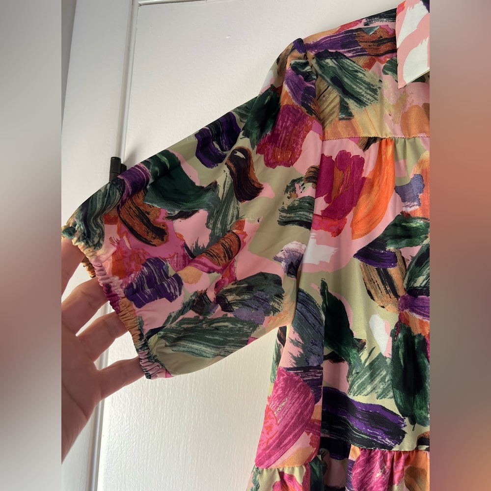 Floral Brushstroke Tiered Shirt Dress - Pink & Green - Picture 5 of 8